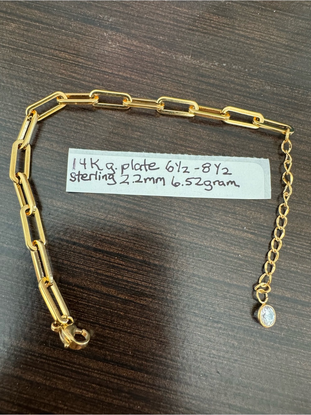 Gold Plated Paperclip Chain Bracelet with Crystal Charm - 14K G.P. Over sterling